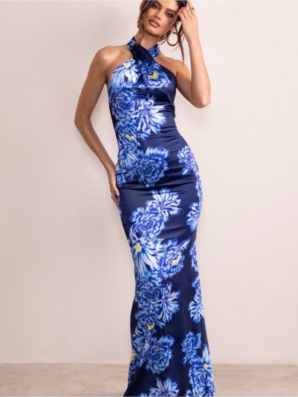 Club L London Navy & Blue Floral Halter Maxi Dress